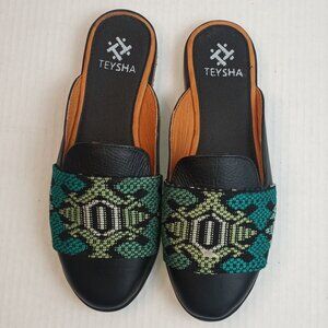 Teysha Leather Chimayo Black Multicolor Slide On Mule Flats Loafers